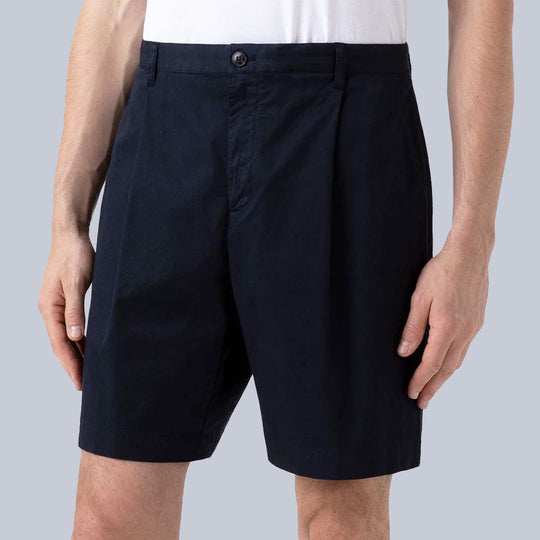 Navy Twill Cotton Pleated Shorts