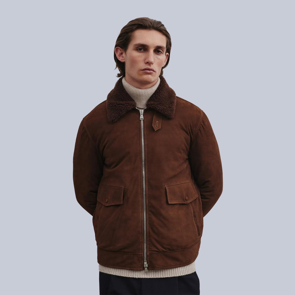 Brown Suede Goose Down Padded Flight Jacket