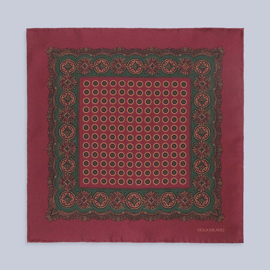 Burgundy Green Printed Silk Pocket Square