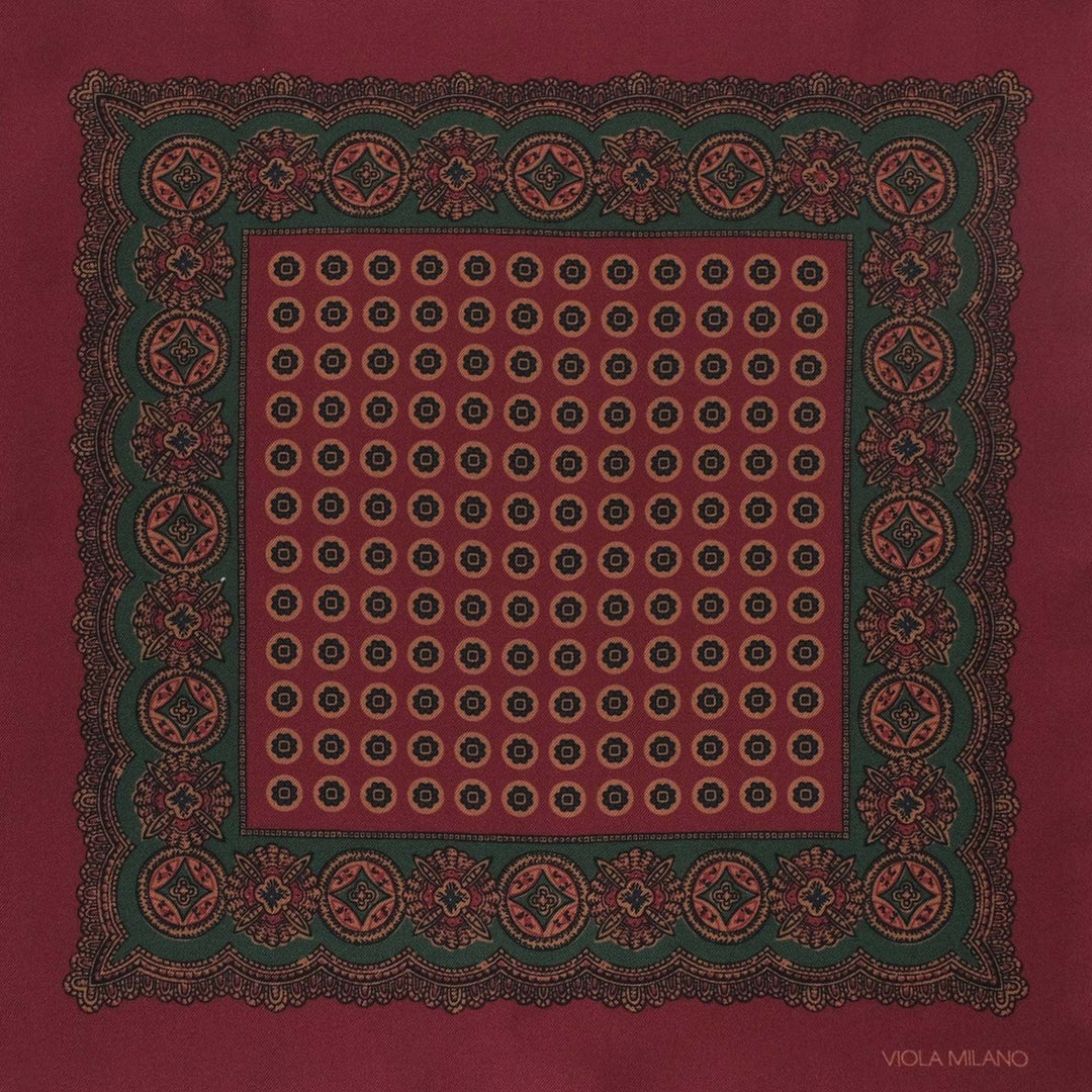 Burgundy Green Printed Silk Pocket Square