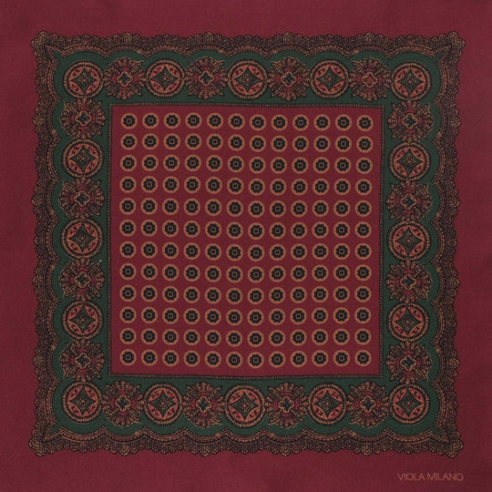 Burgundy Green Printed Silk Pocket Square