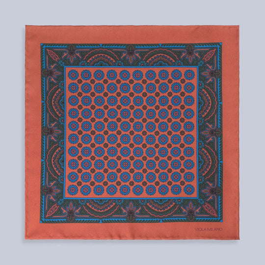 Copper Brown Blue Printed Silk Pocket Square