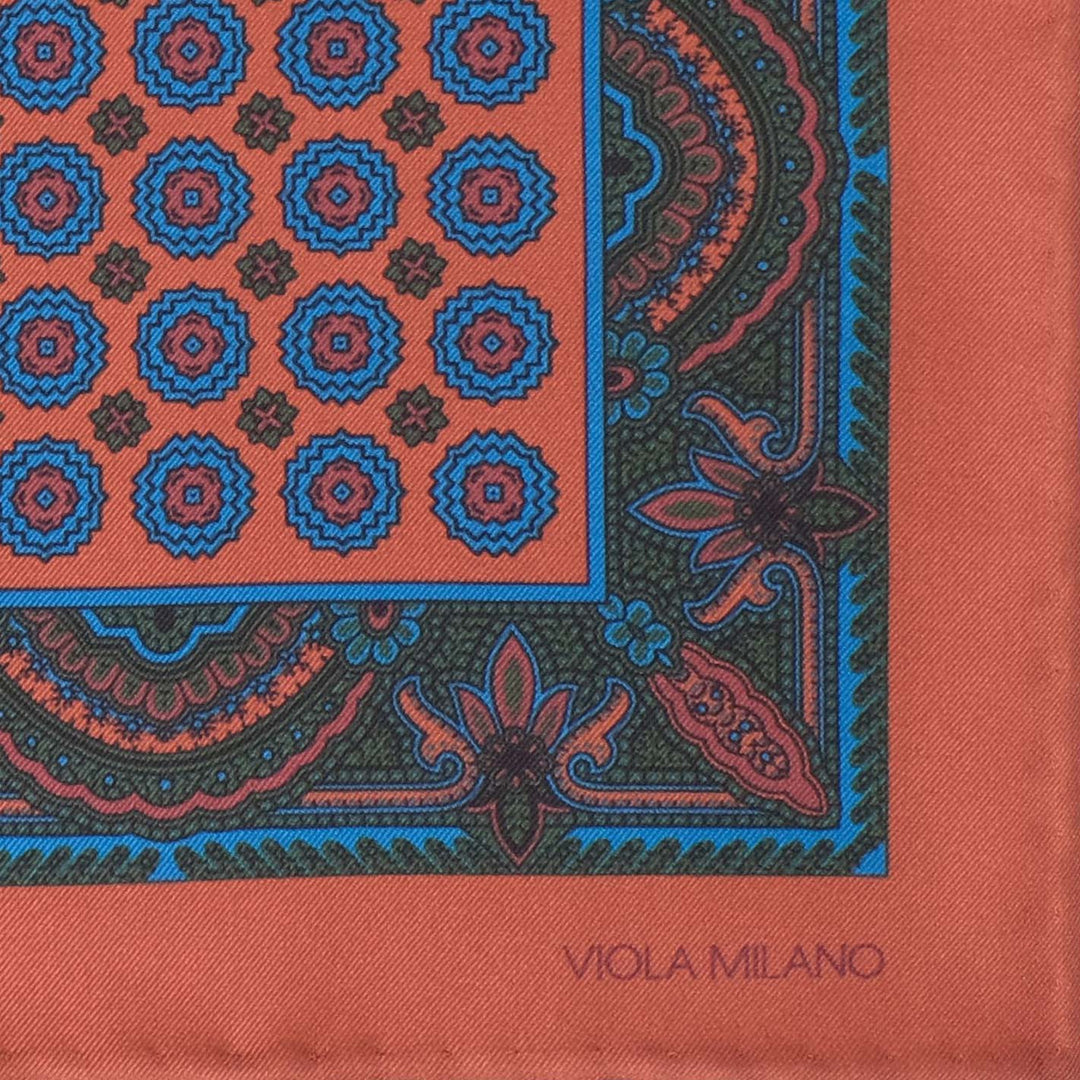 Copper Brown Blue Printed Silk Pocket Square