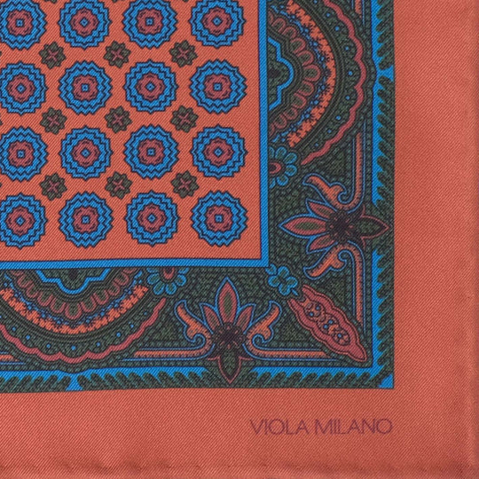 Copper Brown Blue Printed Silk Pocket Square