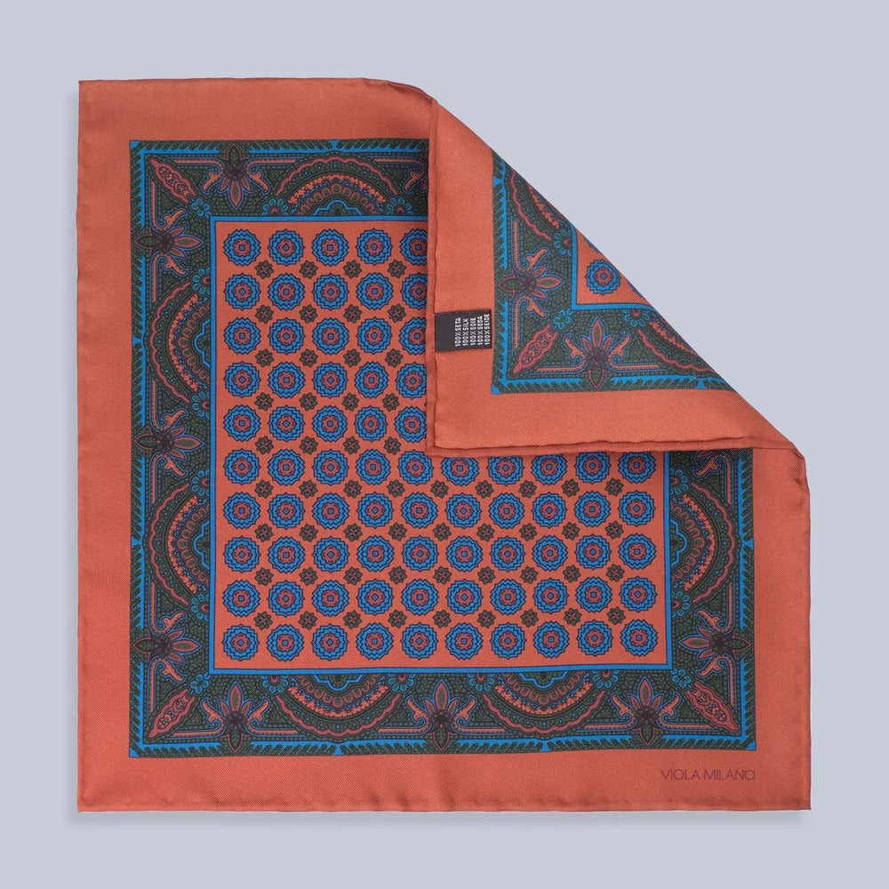 Copper Brown Blue Printed Silk Pocket Square