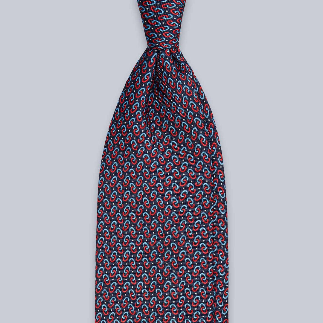 Navy Blue Red Chain Patterned Silk Tie