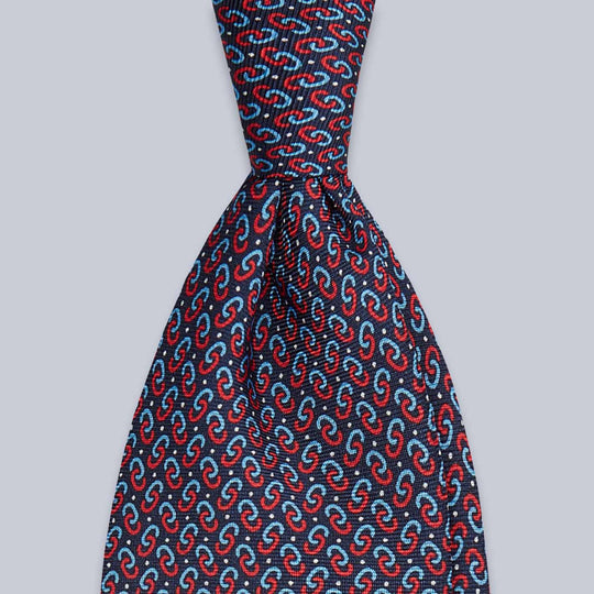 Navy Blue Red Chain Patterned Silk Tie