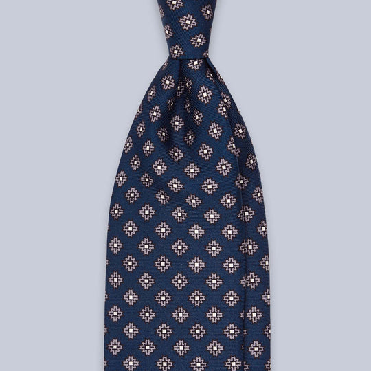 Navy Grey Floral Patterned Silk Tie