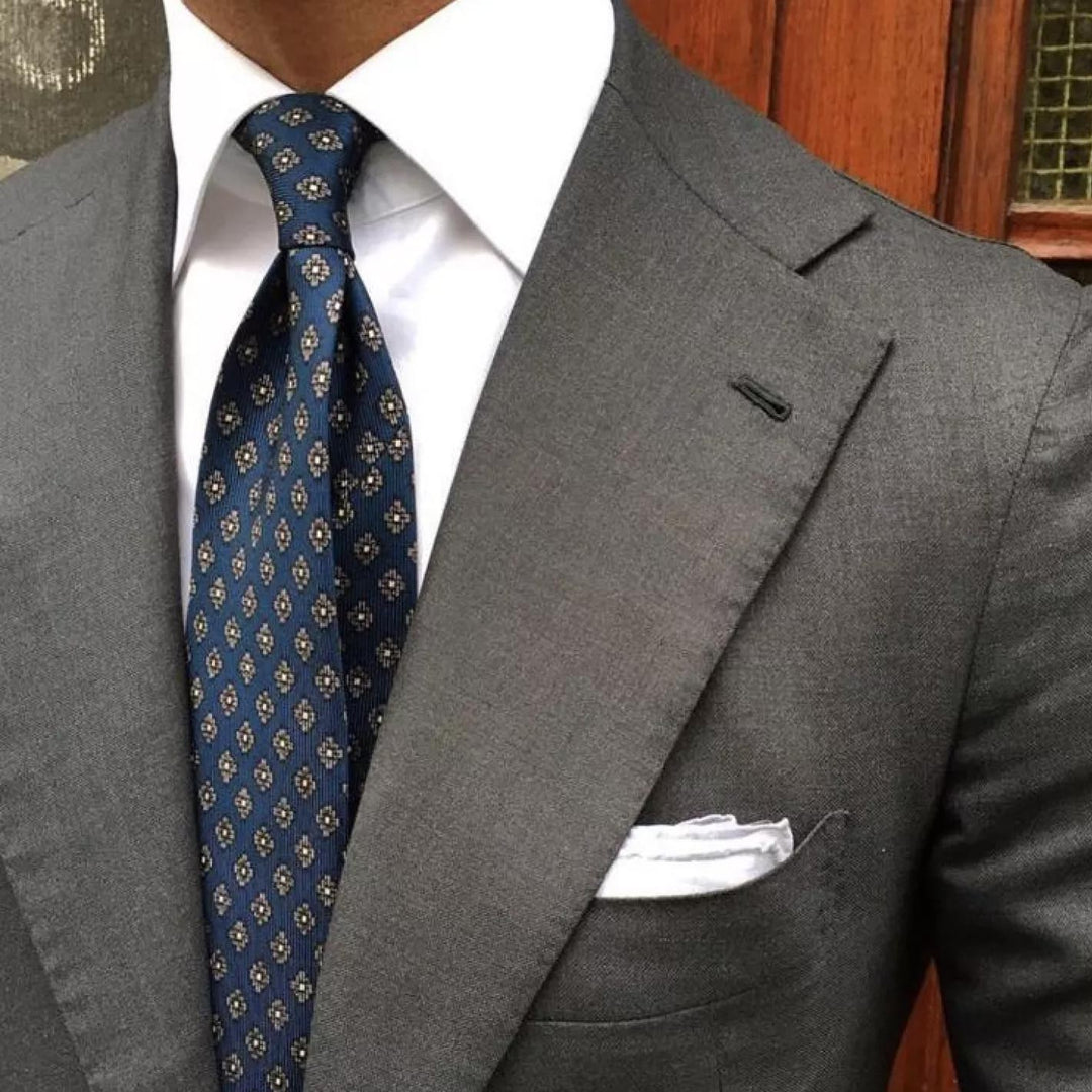 Navy Grey Floral Patterned Silk Tie