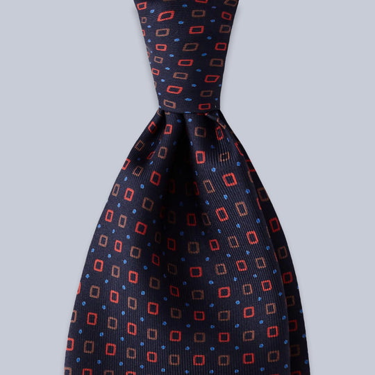 Navy Red Cubes Patterned Silk Tie