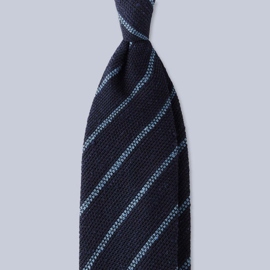 Navy Sea Blue Striped Shantung Silk Tie