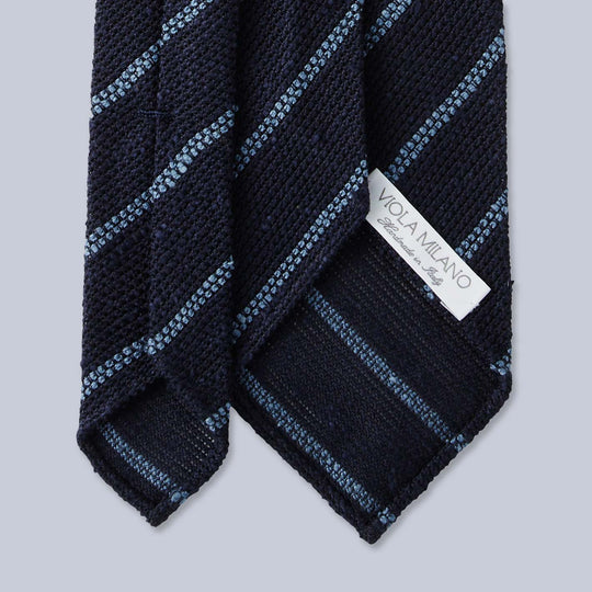 Navy Sea Blue Striped Shantung Silk Tie