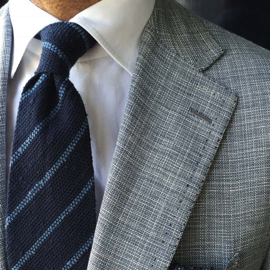 Navy Sea Blue Striped Shantung Silk Tie