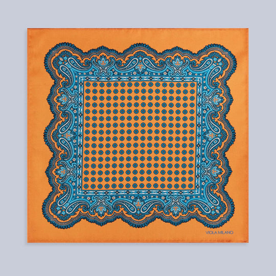 Orange Blue Printed Silk Pocket Square