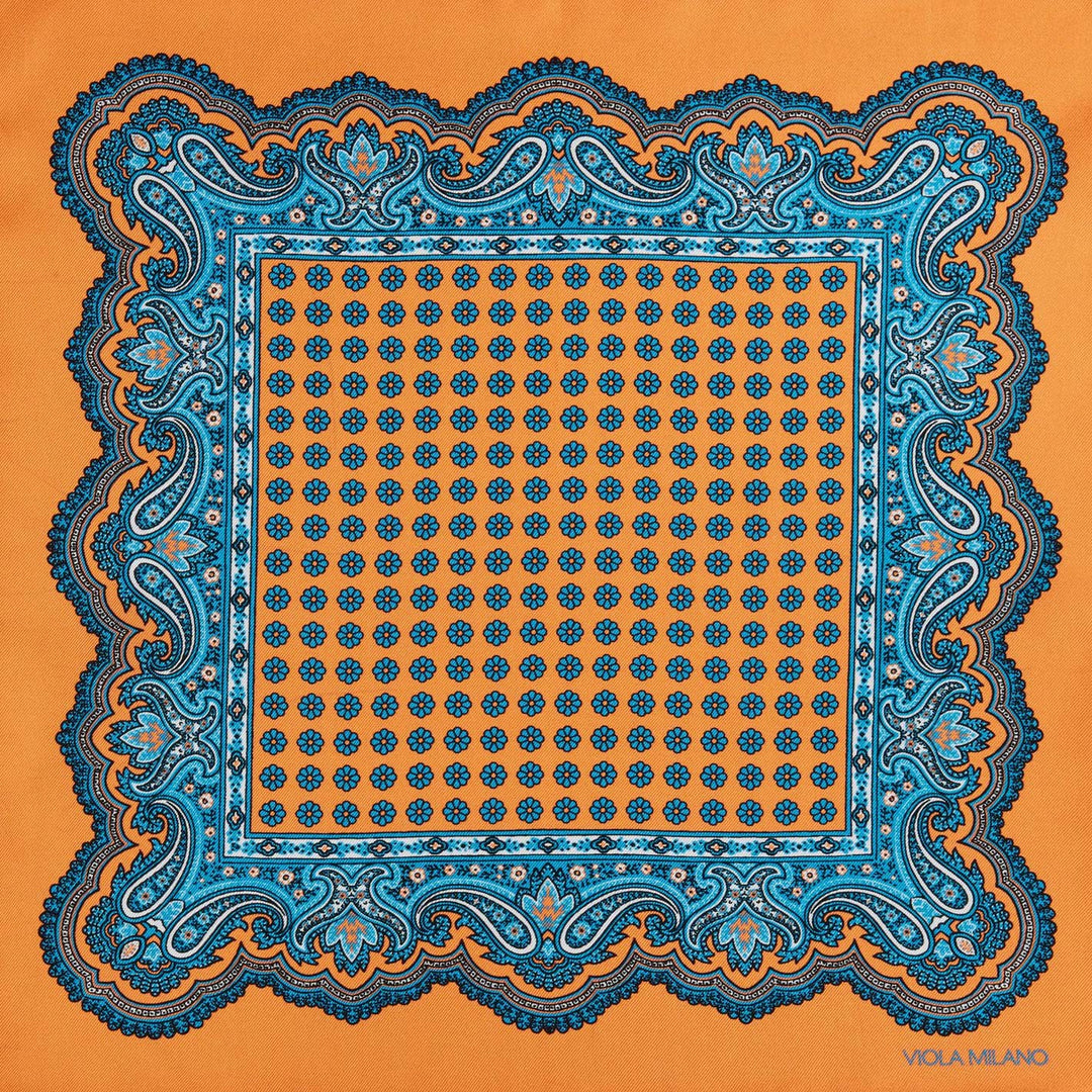 Orange Blue Printed Silk Pocket Square