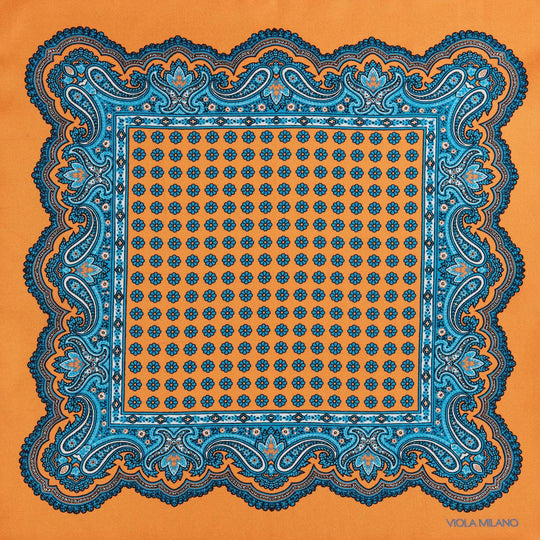 Orange Blue Printed Silk Pocket Square