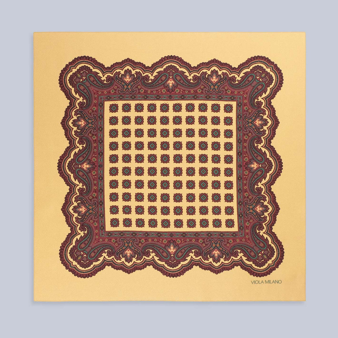 Yellow Burgundy Printed Silk Pocket Square