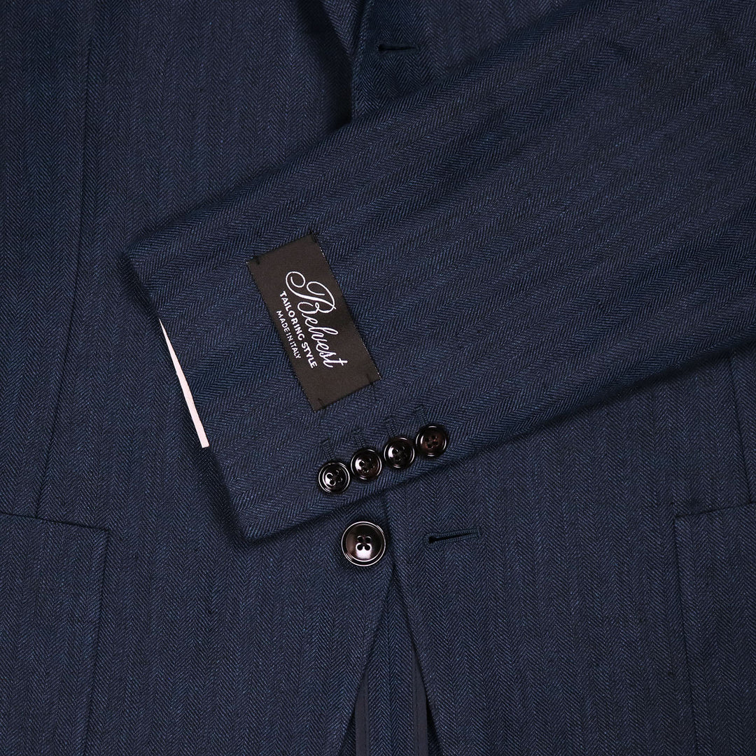 Navy Herringbone Linen Blazer