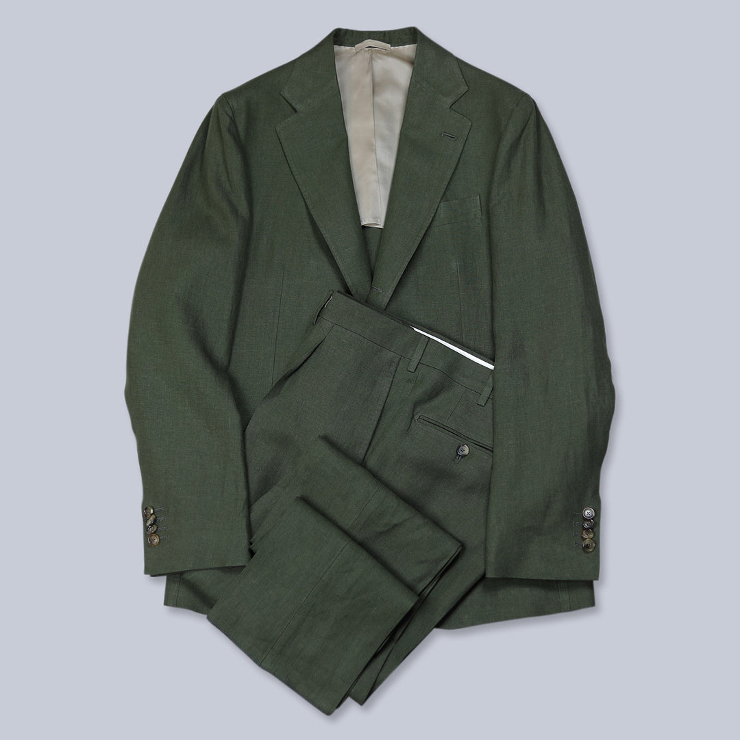 Green Casual Linen Suit