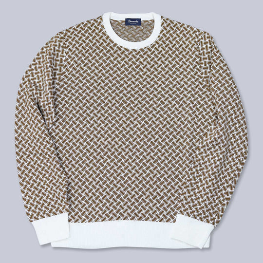 Brown White Cotton Linen Crewneck Sweater