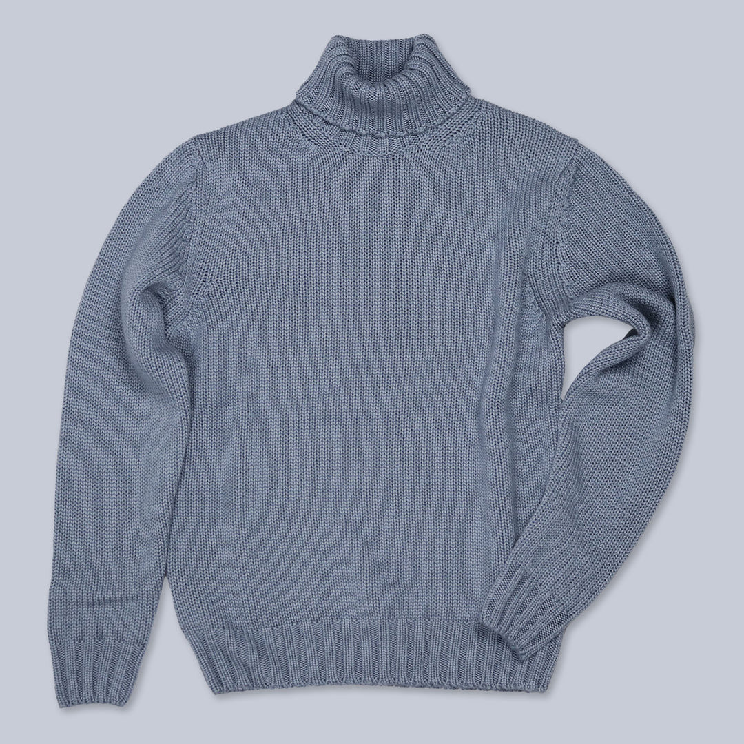 Dove Blue Heavy Knitted Cashmere Roll Neck Sweater