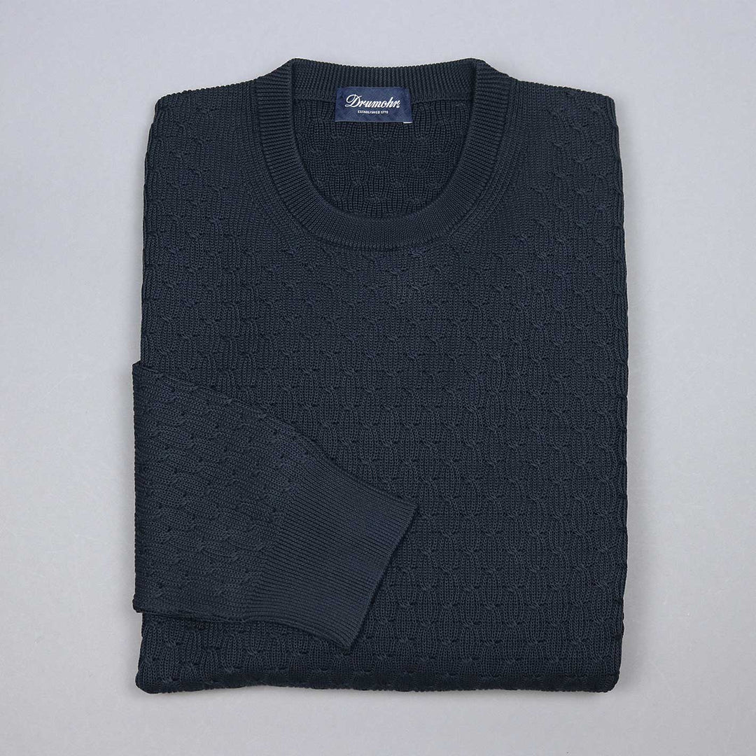 Navy Cable Knit Cotton Crewneck Sweater