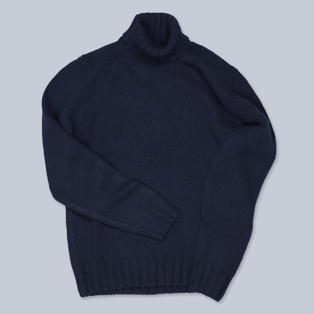 Navy Heavy Knitted Cashmere Roll Neck Sweater