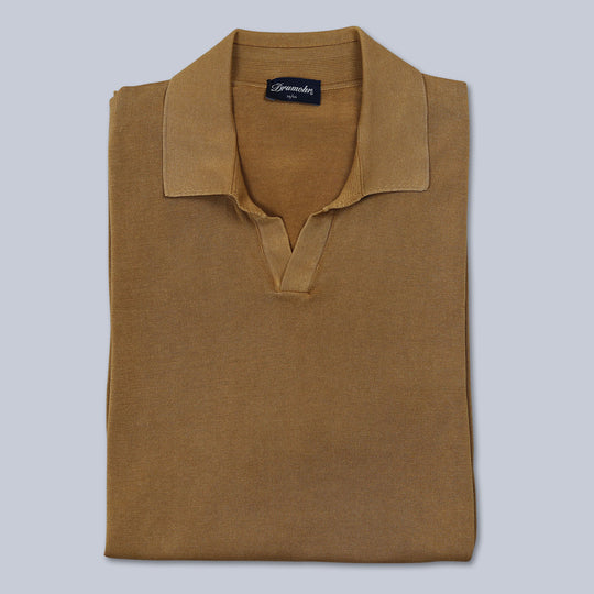 Tobacco Brown Open Collar Knitted Polo Shirt