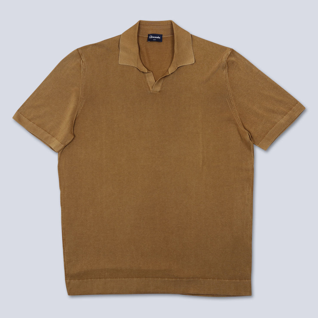 Tobacco Brown Open Collar Knitted Polo Shirt