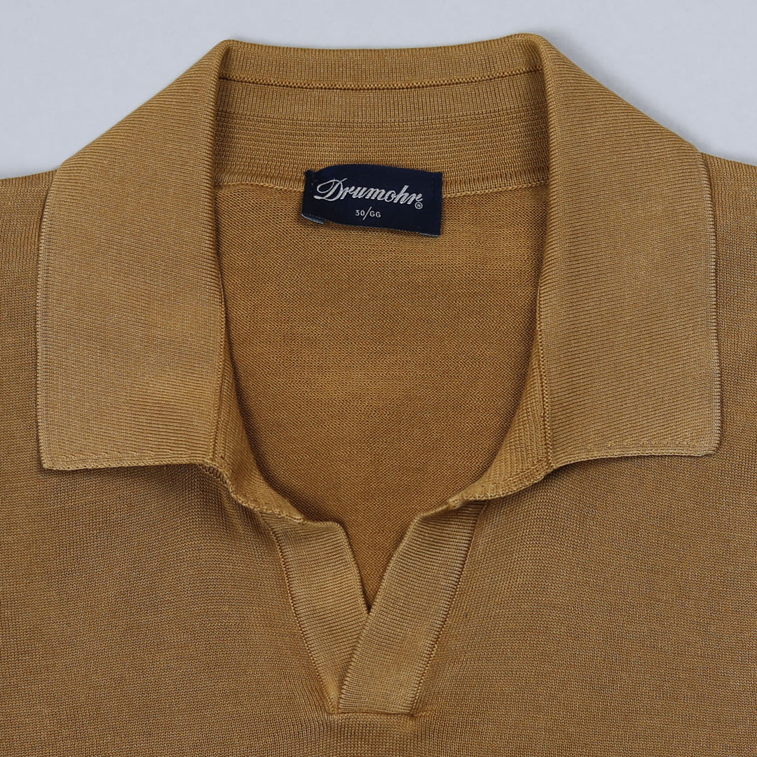 Tobacco Brown Open Collar Knitted Polo Shirt