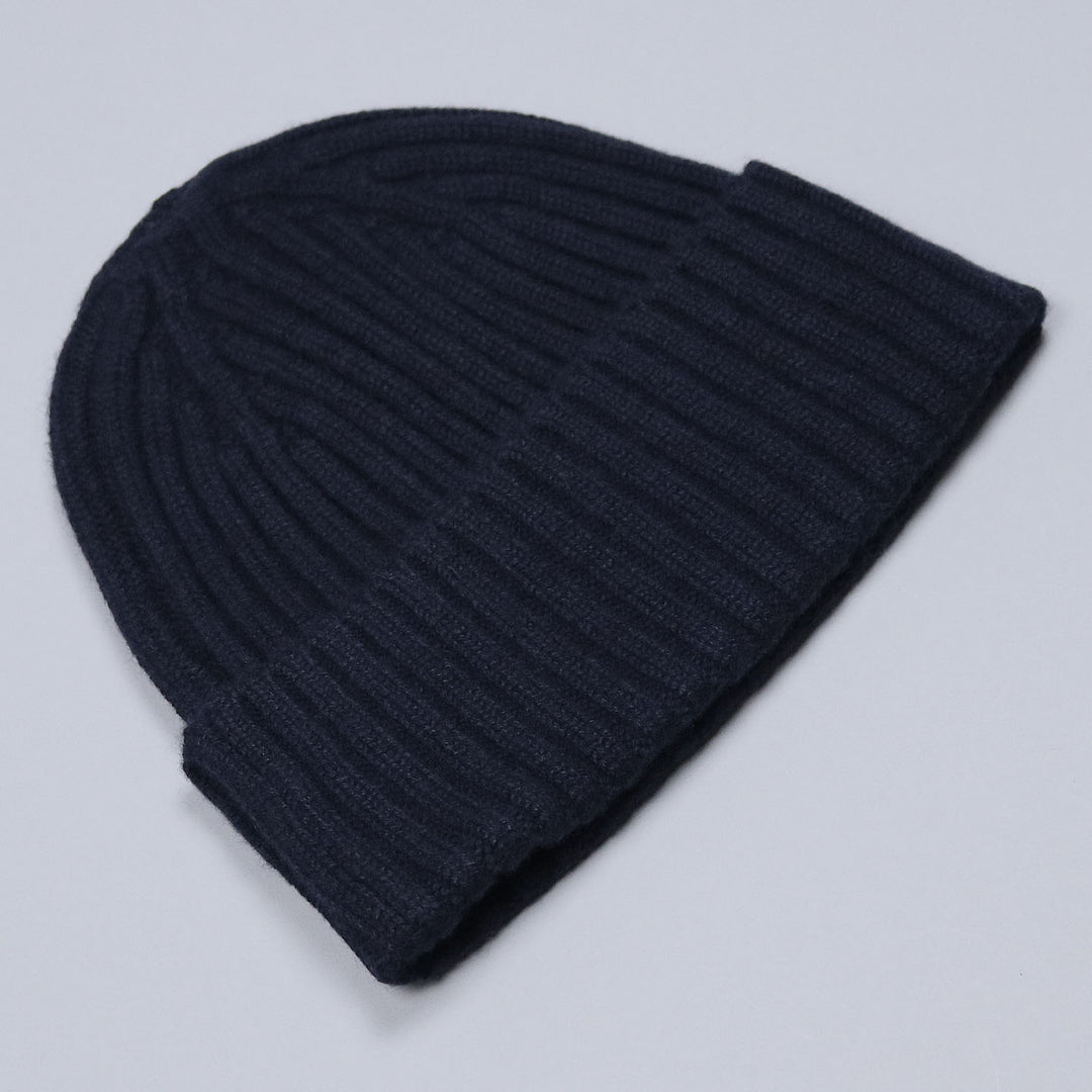Navy Ribbed Cashmere Beanie