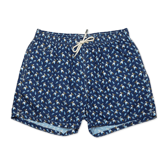 Navy and White Pelican Printed Swim Shorts