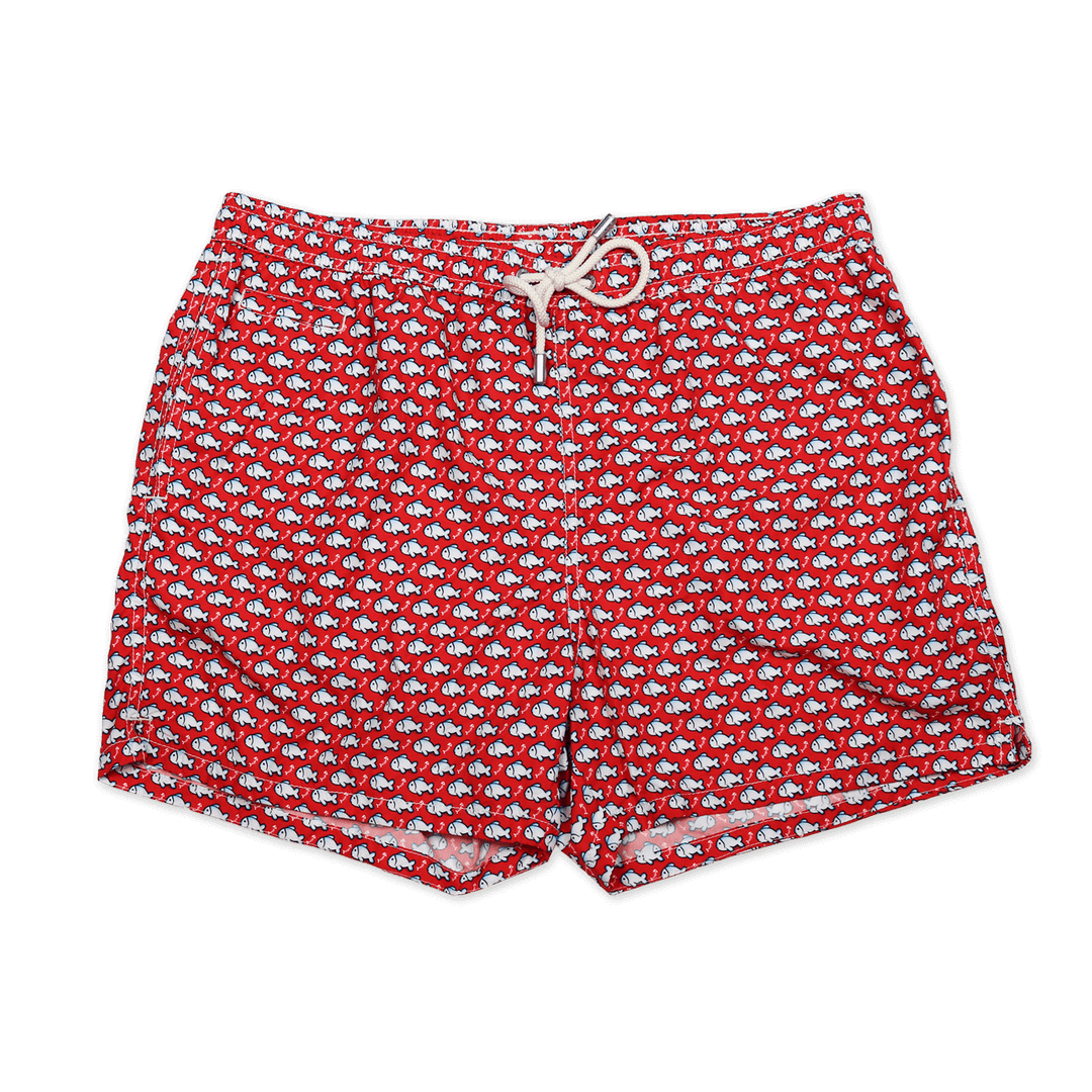 Red and White Fish Printed Swim Shorts