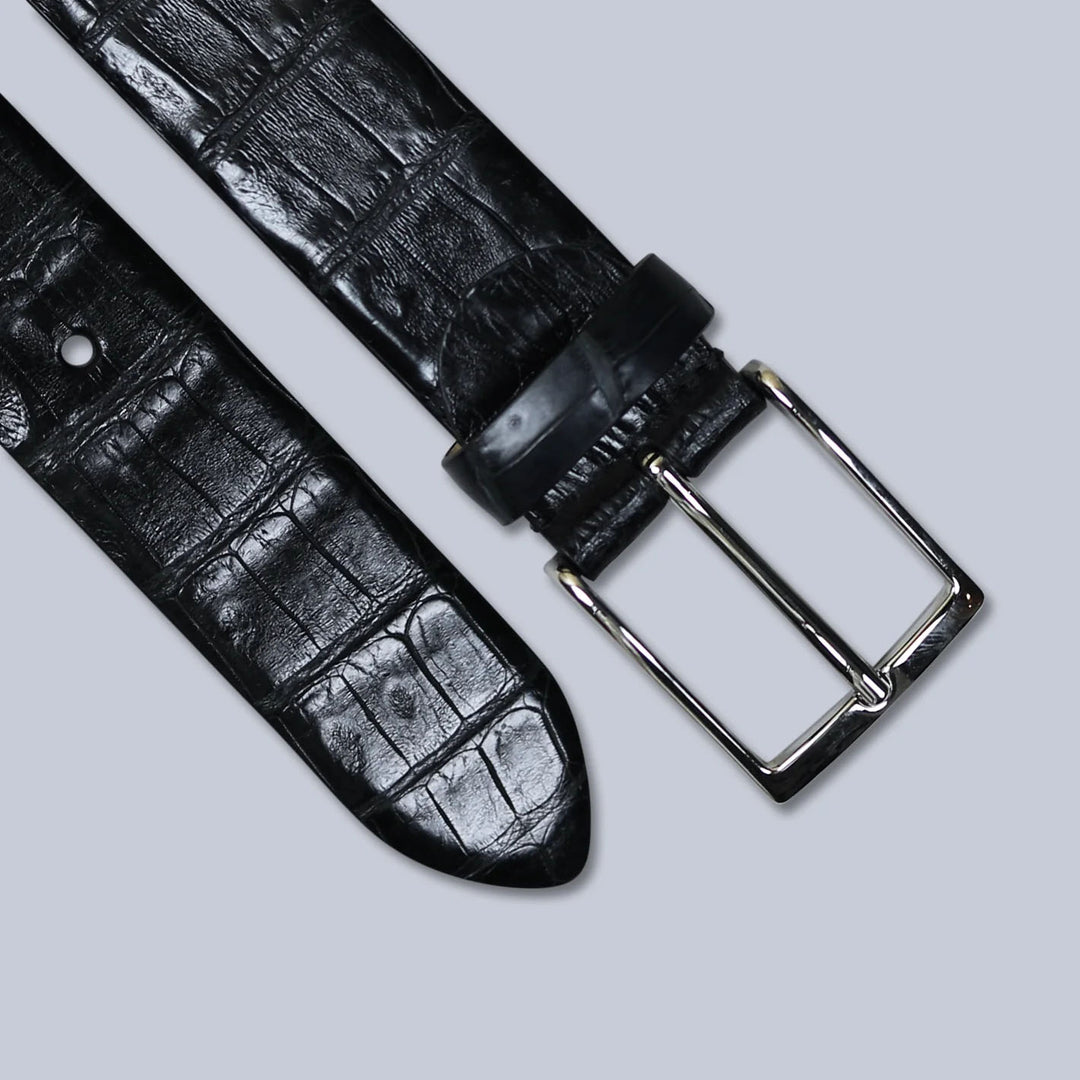 Black Crocodile Leather Silver Buckle 35mm Belt