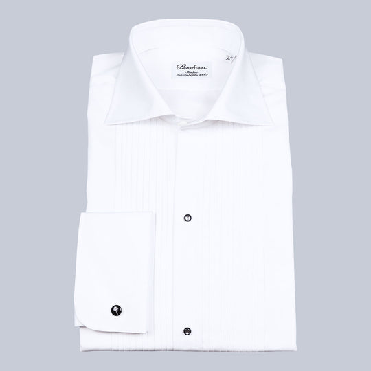 White Pleated Front Slimline Tuxedo Shirt with Studs
