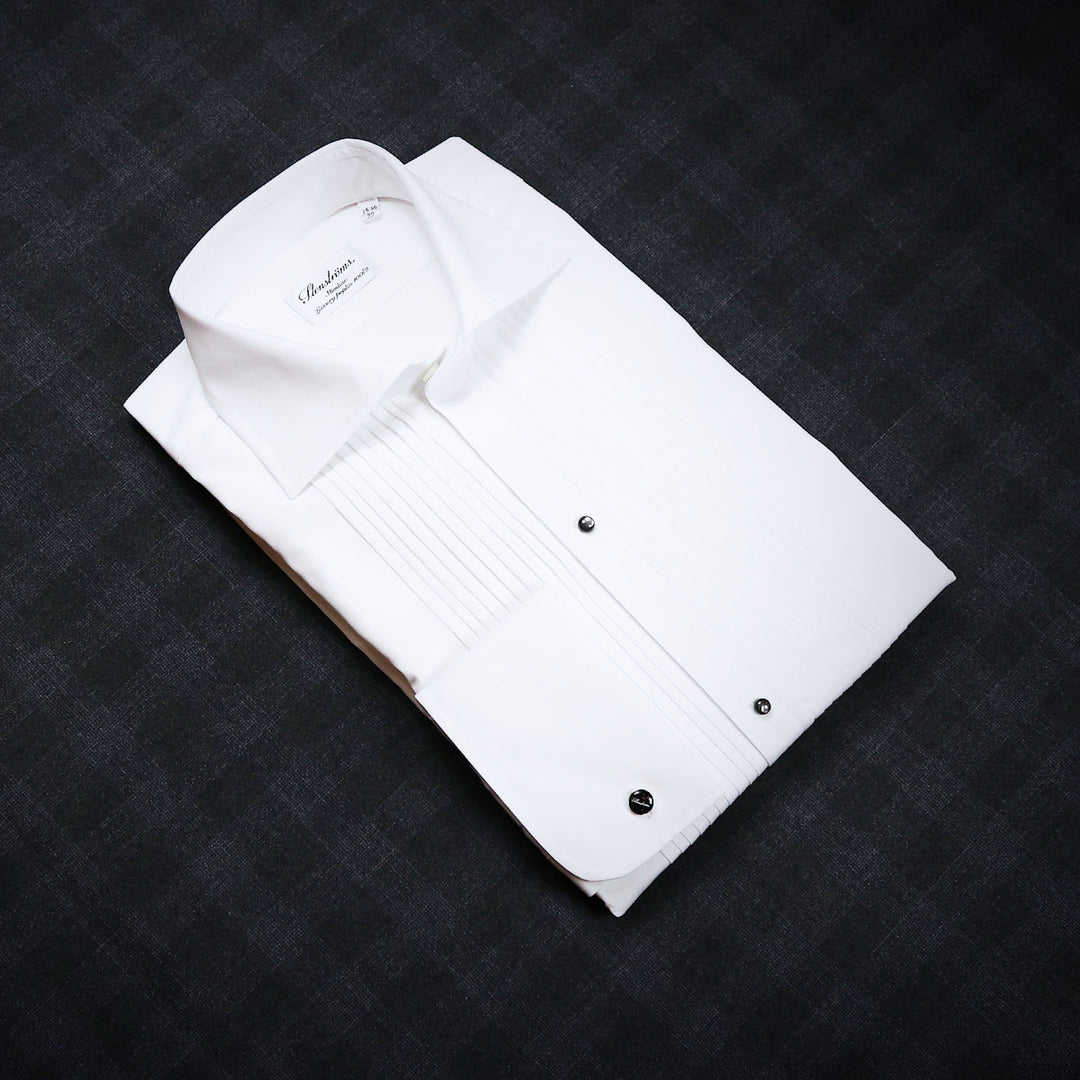White Pleated Front Slimline Tuxedo Shirt with Studs