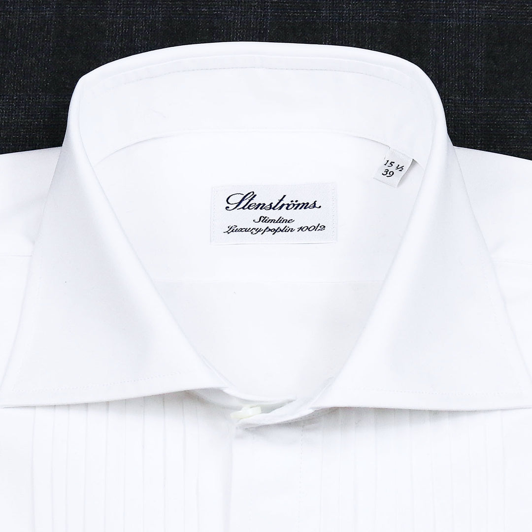 White Pleated Front Slimline Tuxedo Shirt with Studs