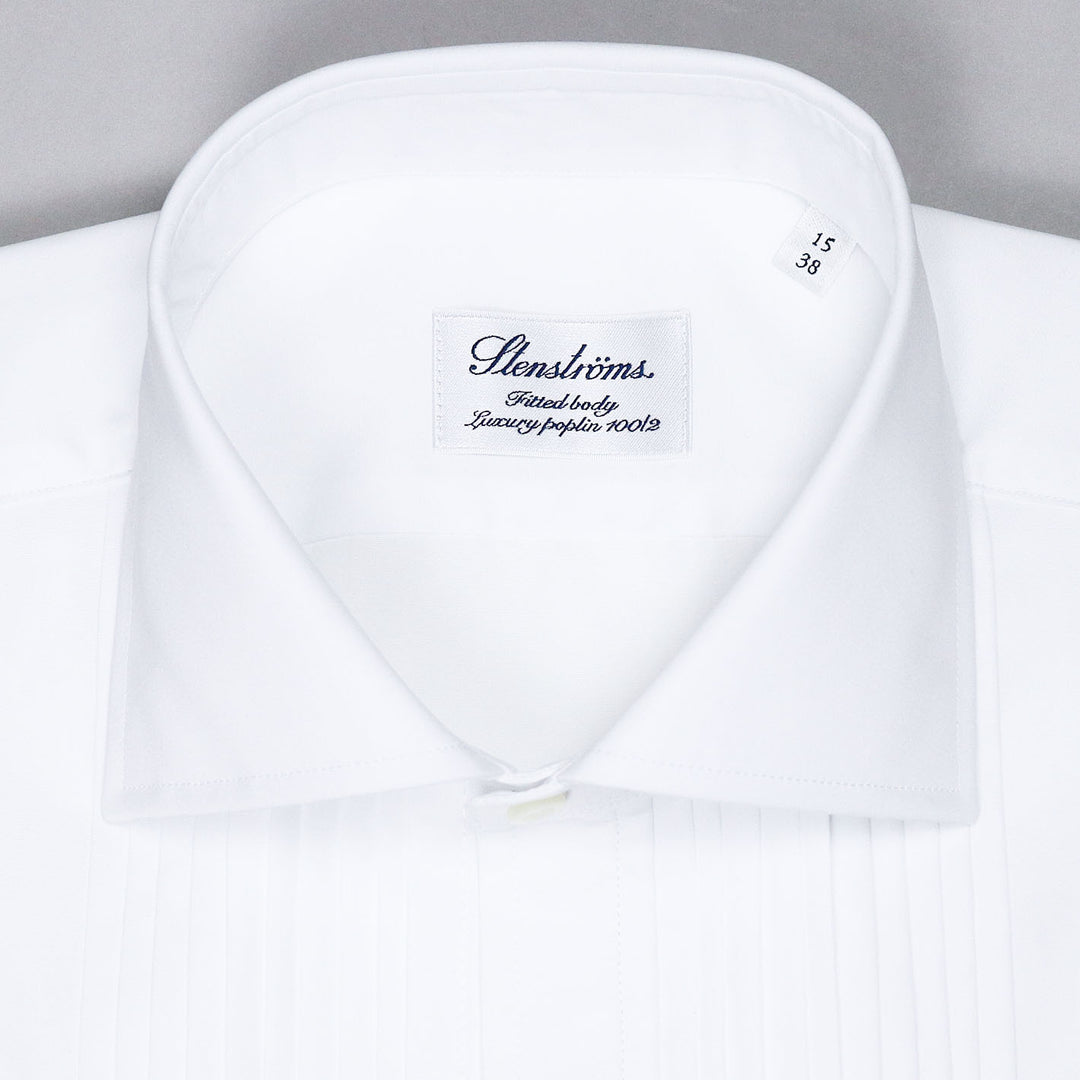 White Pleated Front Fitted Body Tuxedo Shirt