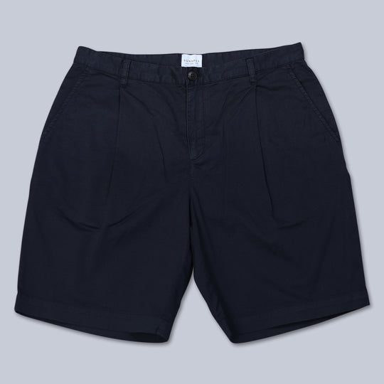 Navy Twill Cotton Pleated Shorts