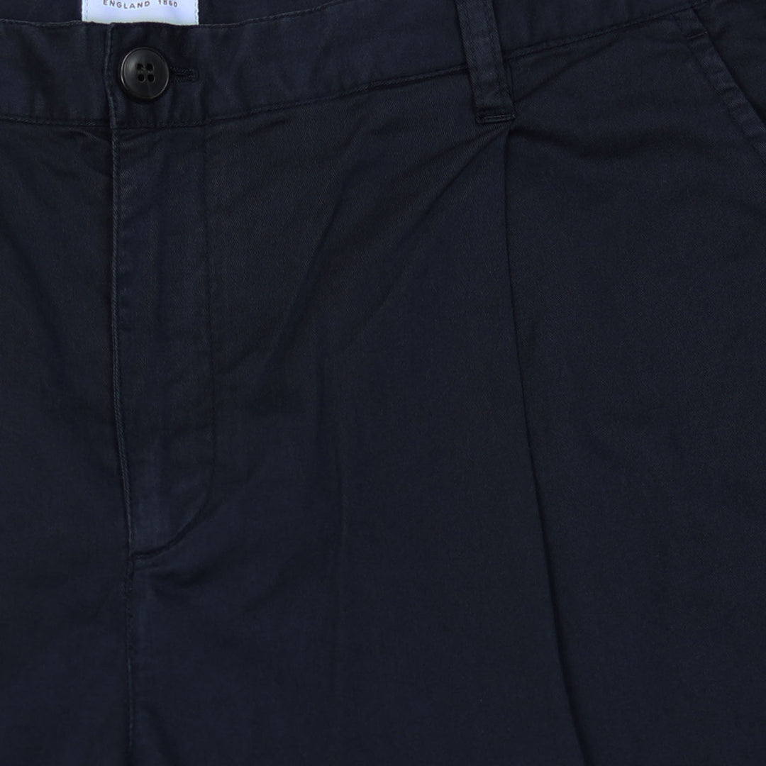 Navy Twill Cotton Pleated Shorts