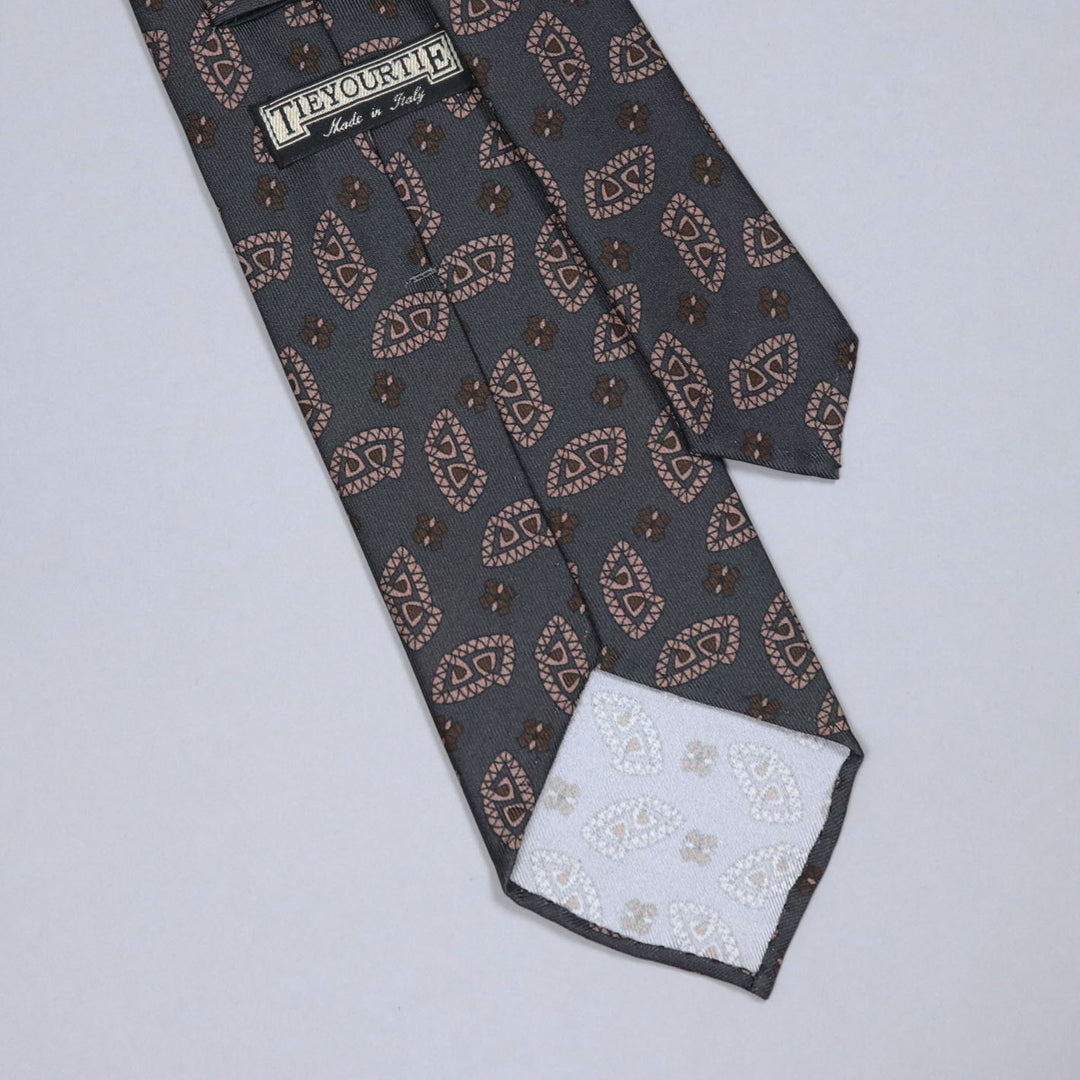 Dark Grey Brown Patterned Silk Tie