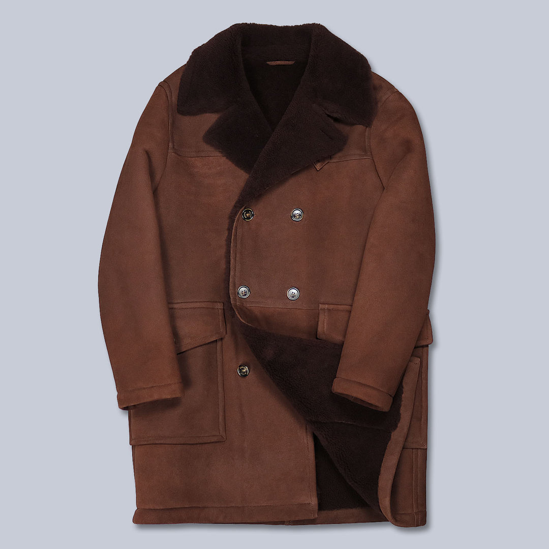 Nougat Brown Double-Breasted Suede Shearling Coat